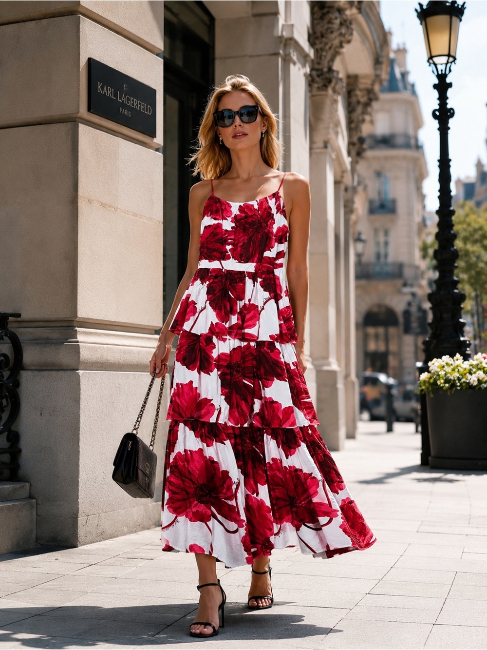 New Karl Lagerfeld Paris White Sundress with Red Floral Print 85%Rayon